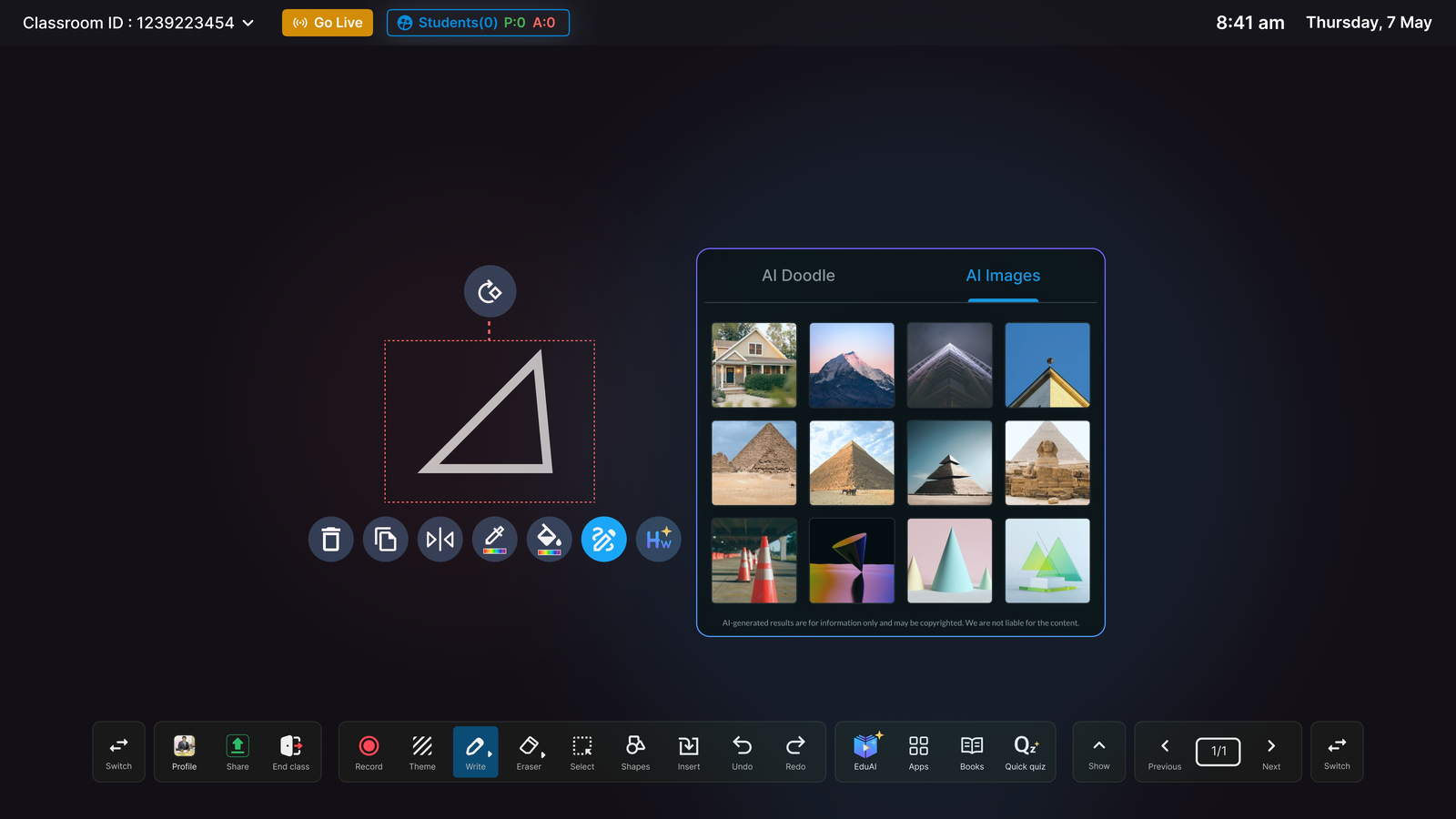 EduAI in action, student draws a triangle; AI Images panel instantly surfaces contextual visual references